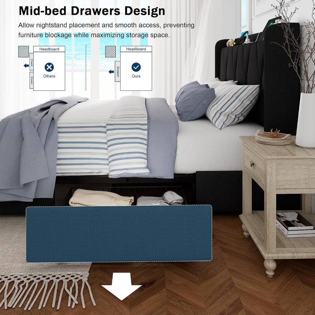GalnFu King Bed Frame with 4 Storage Drawers, Upholstered Platform Bed with Charging Station, Modern Wingback Storage Headboard, Easy Assembly,Noise-Free, Black