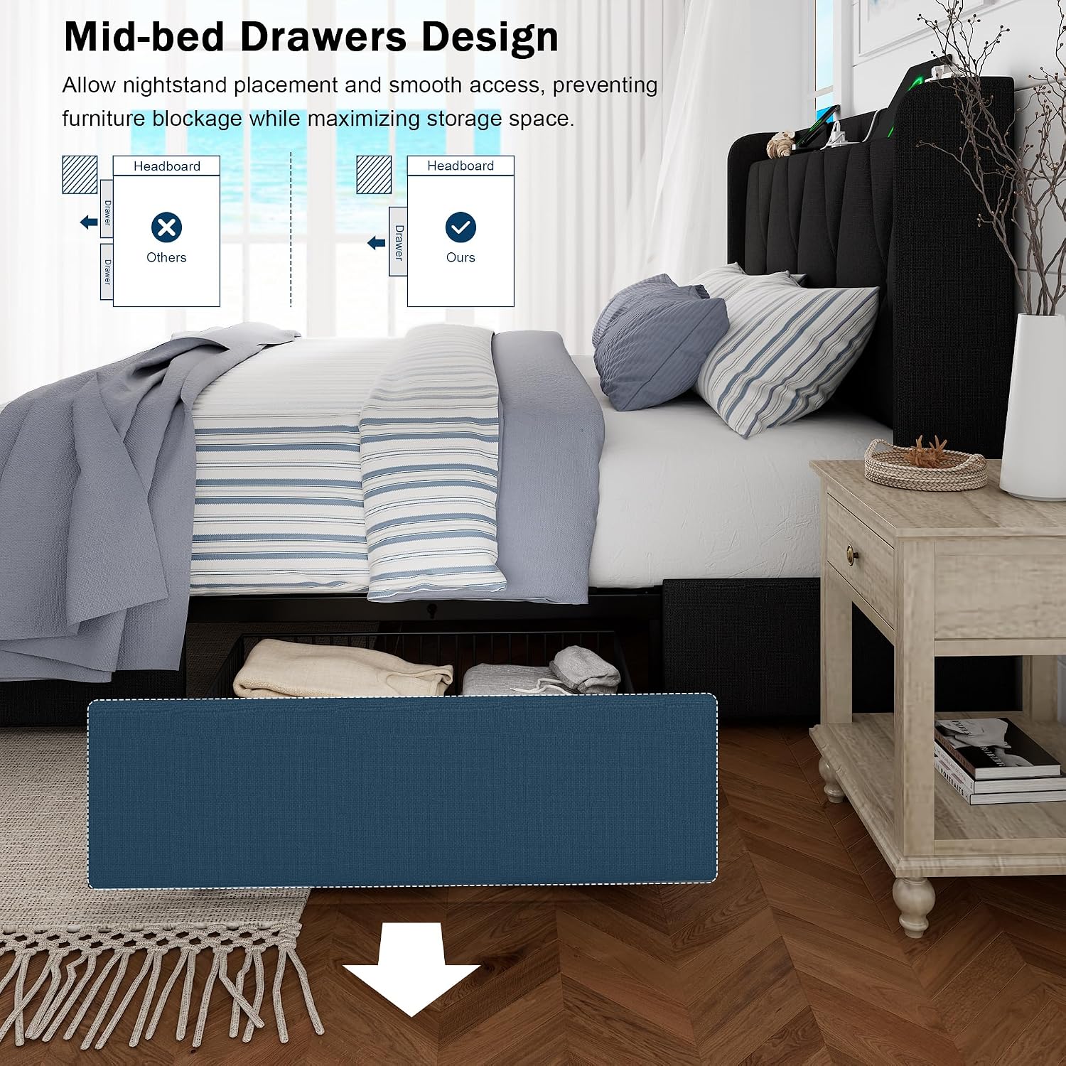 GalnFu King Bed Frame with 4 Storage Drawers, Upholstered Platform Bed with Charging Station, Modern Wingback Storage Headboard, Easy Assembly,Noise-Free, Black