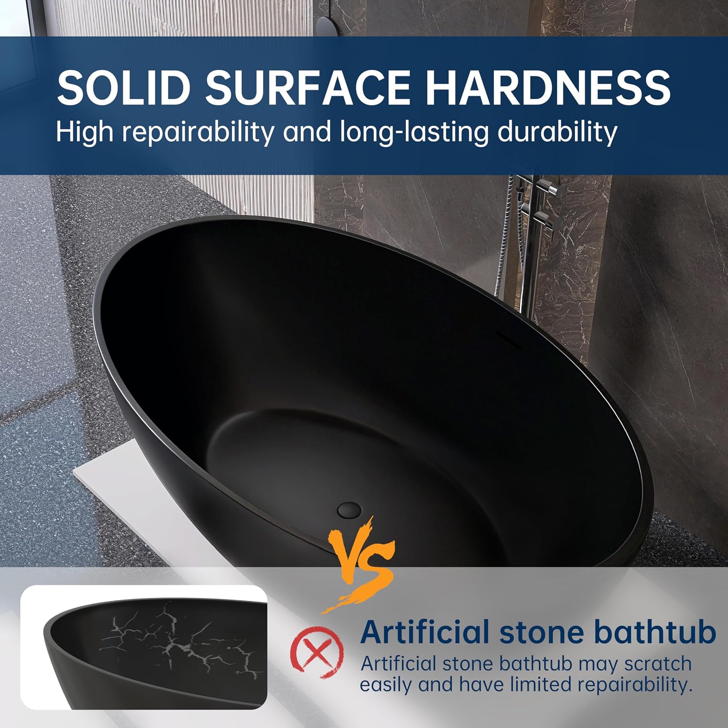 67' Stone Resin Freestanding Bathtub, Oval Solid Surface Bathroom Freestanding Tubs,Stand Alone Soaking Tub with Drain & Integrated Slotted Overflow Matte black AM301-1700