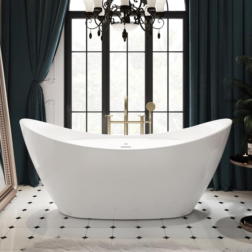 FerdY Boracay 67' Acrylic Freestanding Bathtub, Gracefully Shaped Contemporary Design Bathtub with Brushed Nickel Drain, Integrated Slotted Overflow, Glossy White, cUPC Certified, 02503