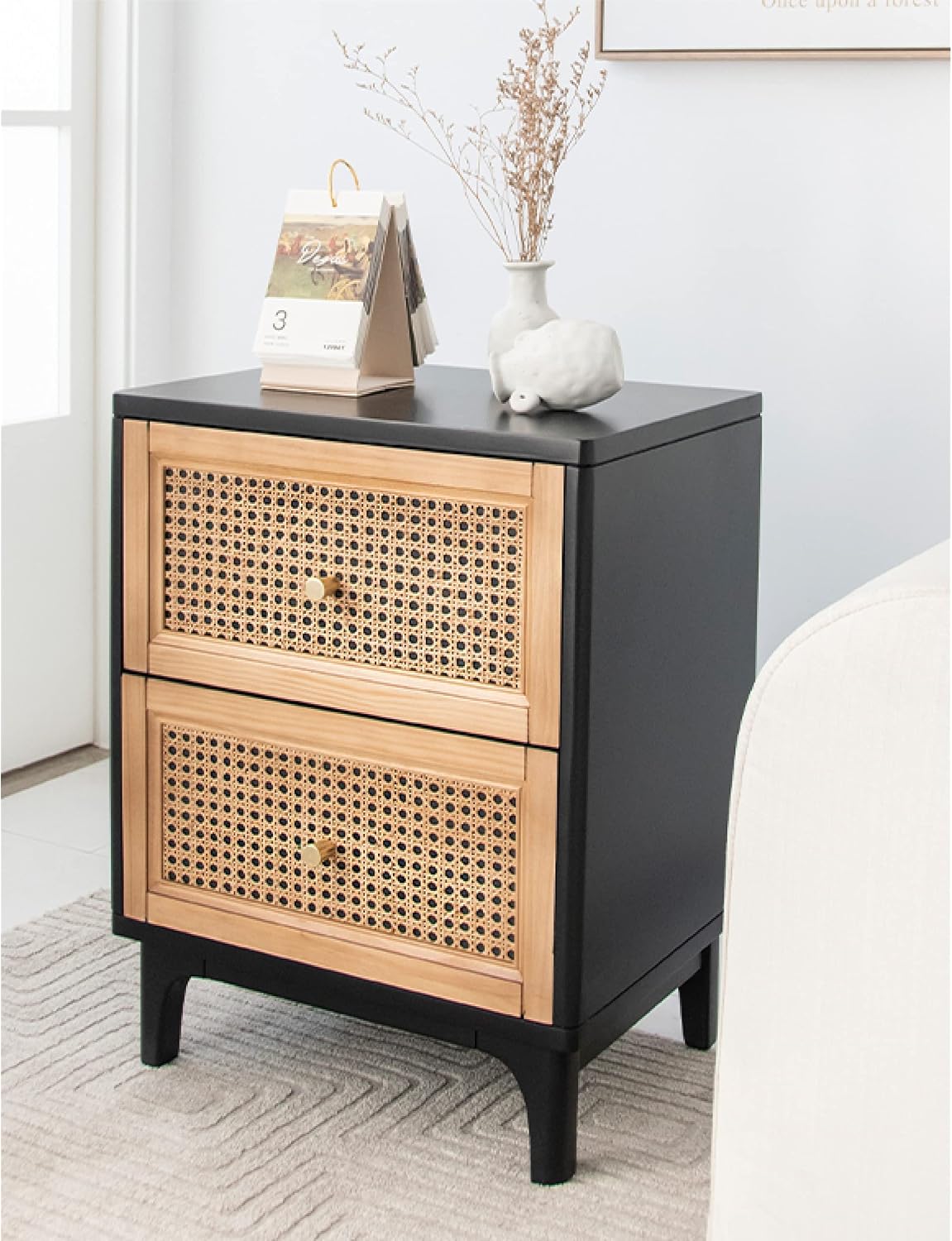 COZAYH 2 Drawer Bedroom Nightstand, Boho Farmhouse Bedside Table - Accent Table Stand with Drawer Organizer Storage and Weave Pattern Front, Black