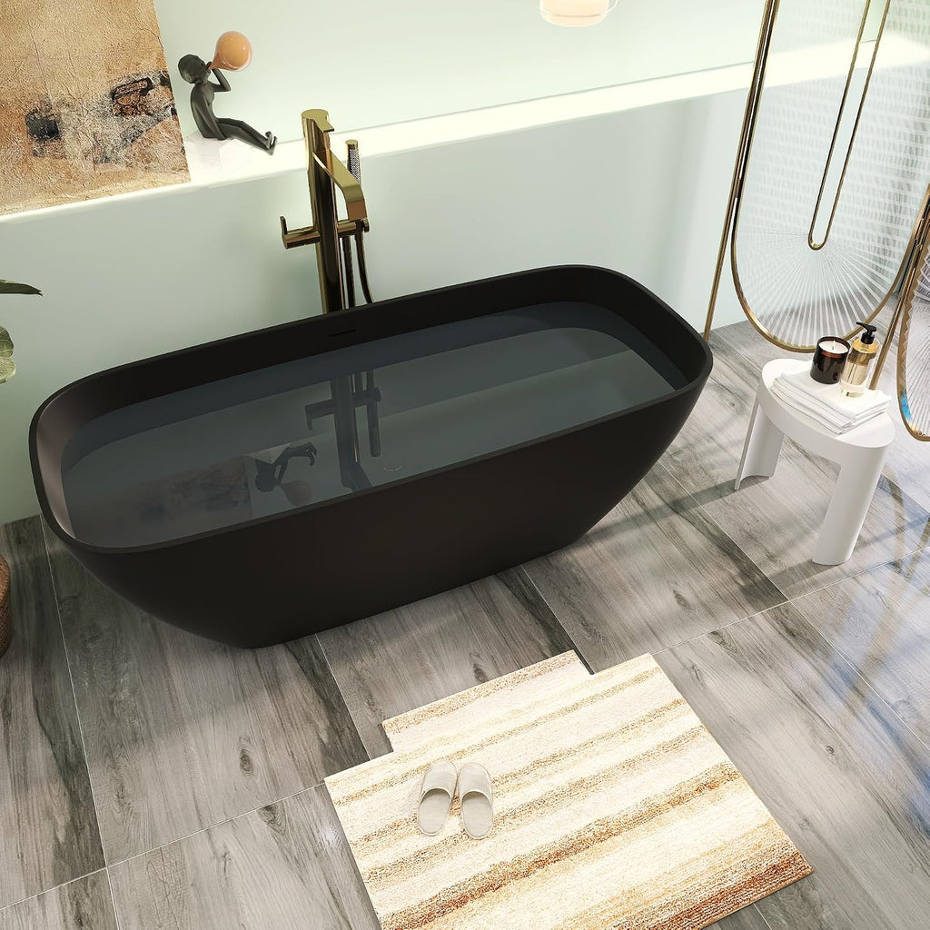 67' Premium Solid Surface Freestanding Bathtub, Upgraded Oval Stone Resin Soaking Tubs with Overflow and Pop-up Drain, Matte Black