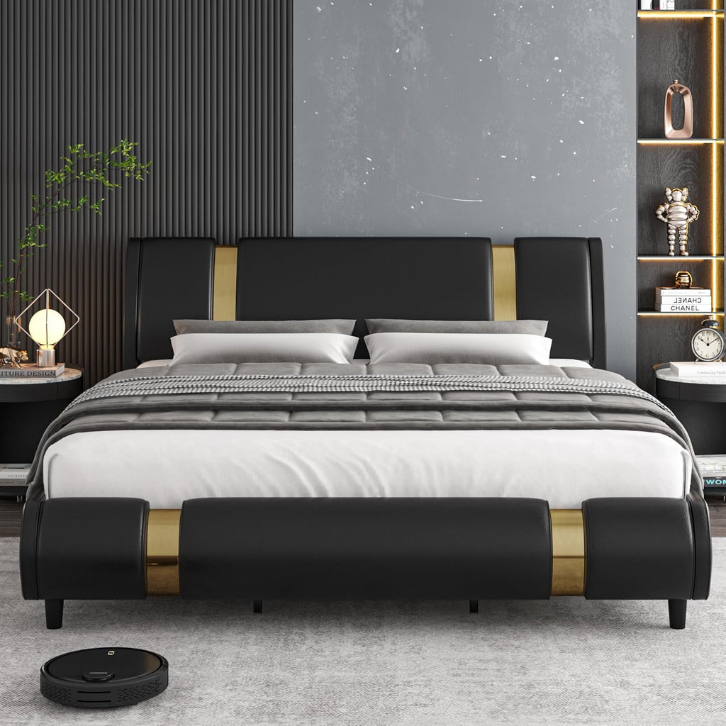 TTVIEW Modern Faux Leather Upholstered Platform Bed Frame with Golden Iron Metal Decor, Adjustable Curved Headboard, Wooden Slats Support, No Box Spring Needed, Queen Size, Black