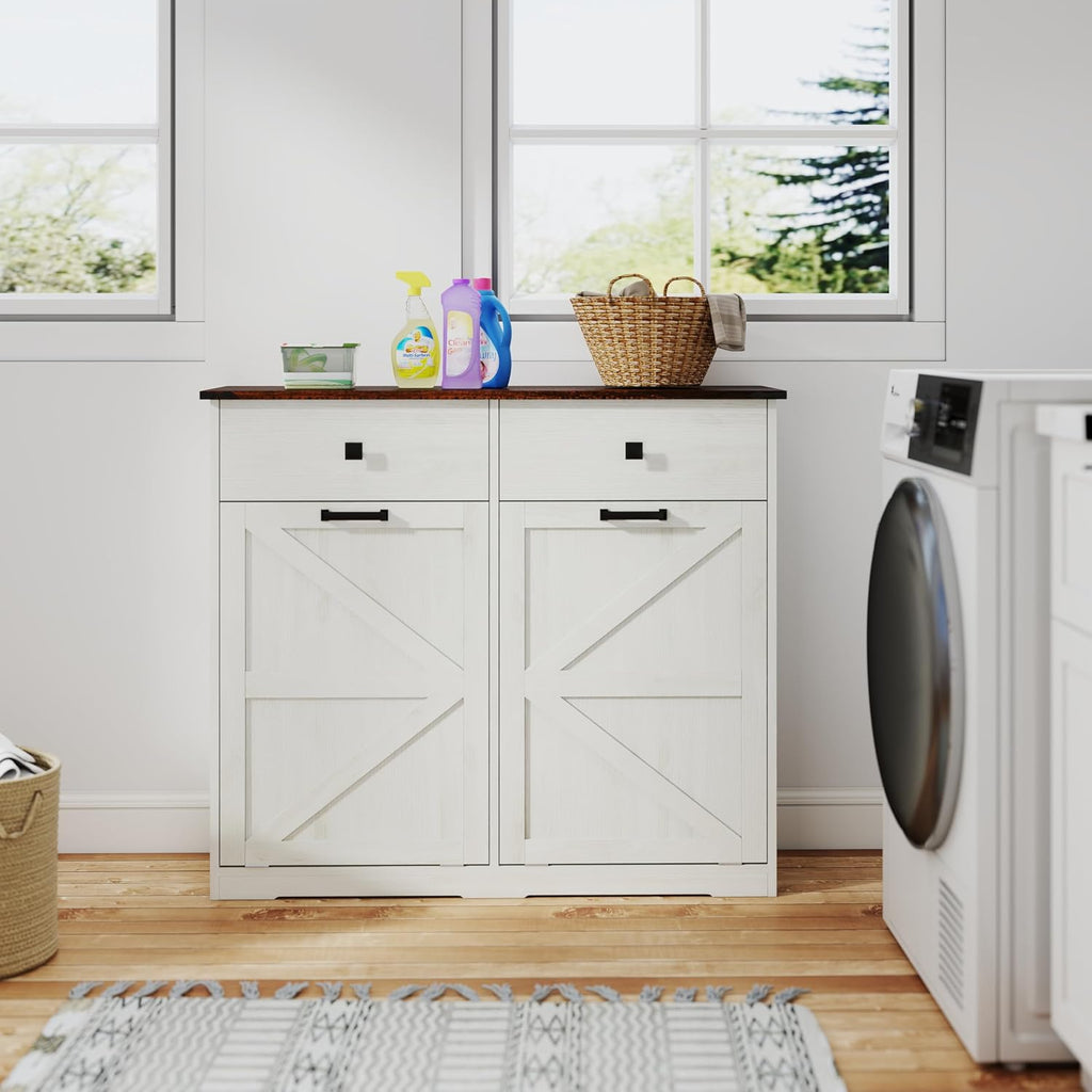 Farmhouse Double Tilt-Out Trash Cans for 2×10 Gallon Bins, Barn Door Style Recycling Cans w/ Hideaway Drawer, Free-Standing Kitchen Garbage Bin Holder, Laundry Sorter Cabinet w/ Tilt-Out Design.