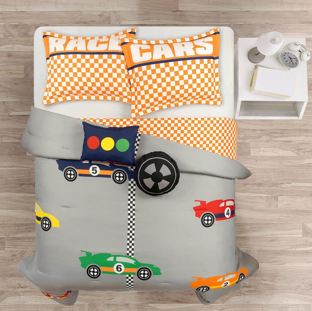 Lush Decor Racing Cars Reversible Comforter Queen Size 5 Piece Set Full/Queen Gray & Orange - Kids Bedding Set Queen Comforter - Car Decor