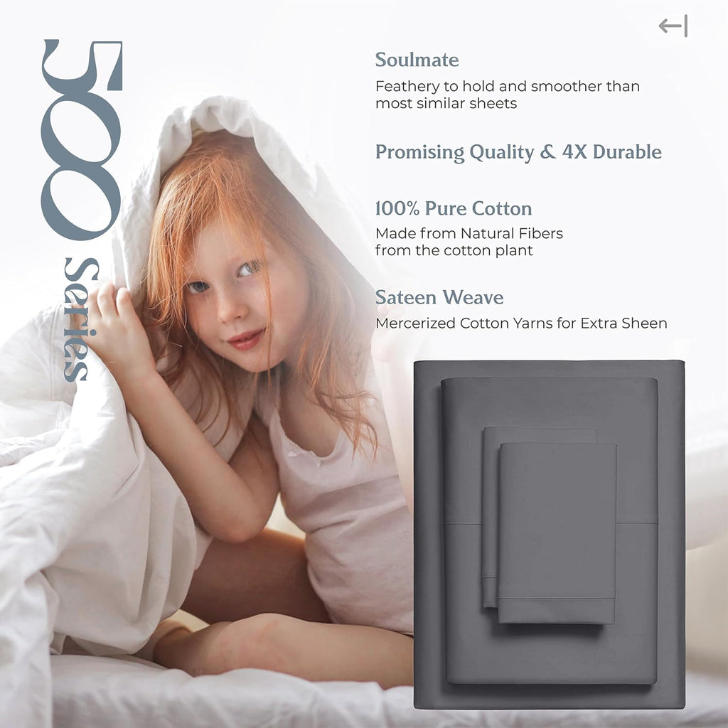 Mayfair Linen 100% Egyptian Cotton 2 Pack Queen Sheet Set - Luxury 500 Series Soulmate Collection Cotton Sheets Queen Size (8 PC, Dark Grey), Soft, Cooling, Sateen 16' Deep Pocket Hotel Quality Sheet