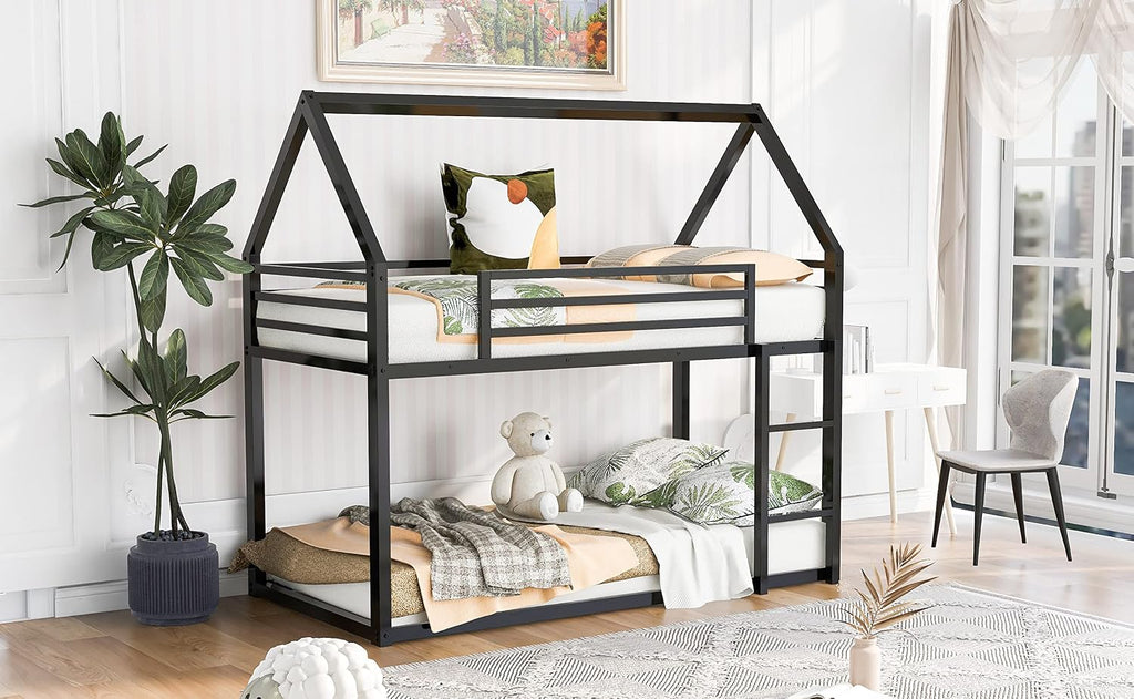 MERITLINE Metal Bunk Bed Twin Over Twin Size House Shaped Bunk Bed Frame Low Bunk Beds for Kids and Toddlers, Twin Size