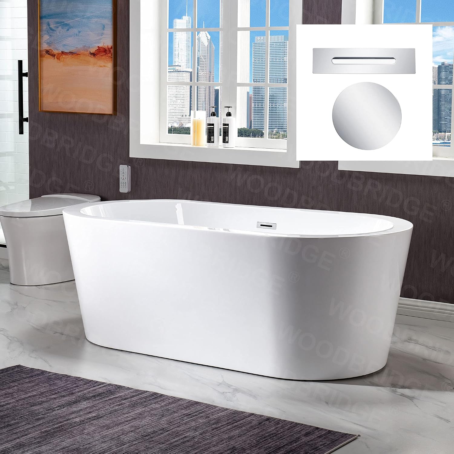 WOODBRIDGE 67' Acrylic Freestanding Bathtub Contemporary Soaking White Tub with Chrome Overflow and Drain，B0002 -CH-Drain &O