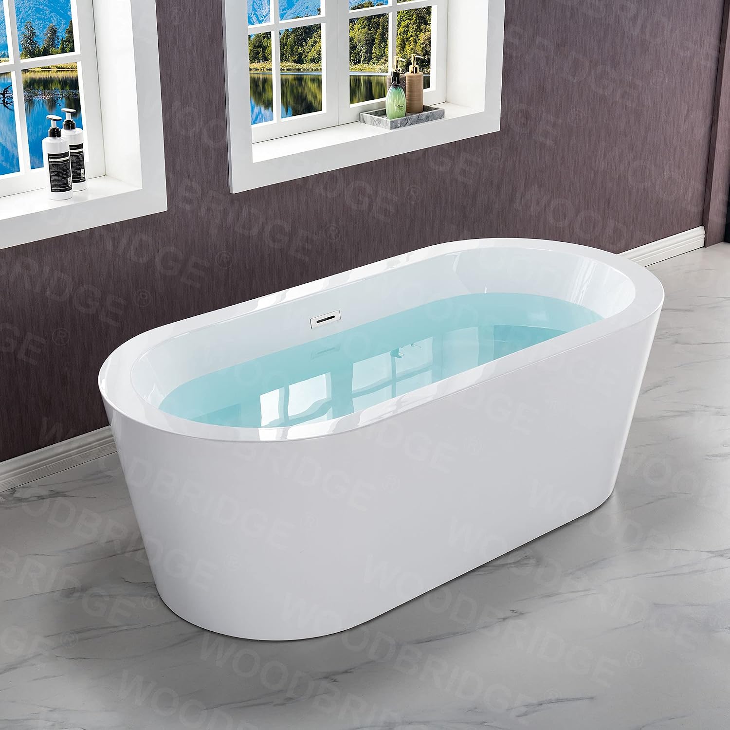 WOODBRIDGE 67' Acrylic Freestanding Bathtub Contemporary Soaking White Tub with Chrome Overflow and Drain，B0002 -CH-Drain &O