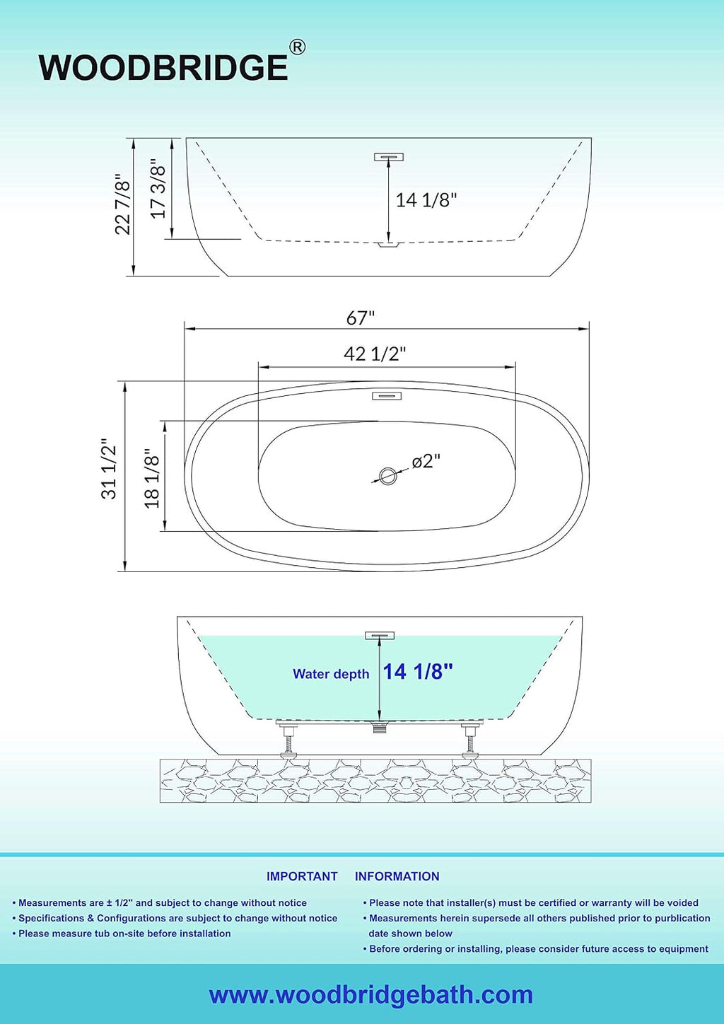 WOODBRIDGE 67' Acrylic Freestanding Bathtub Contemporary Soaking Tub, White Acrylic(Brushed Gold Drain/Overflow),BTA1528-BG