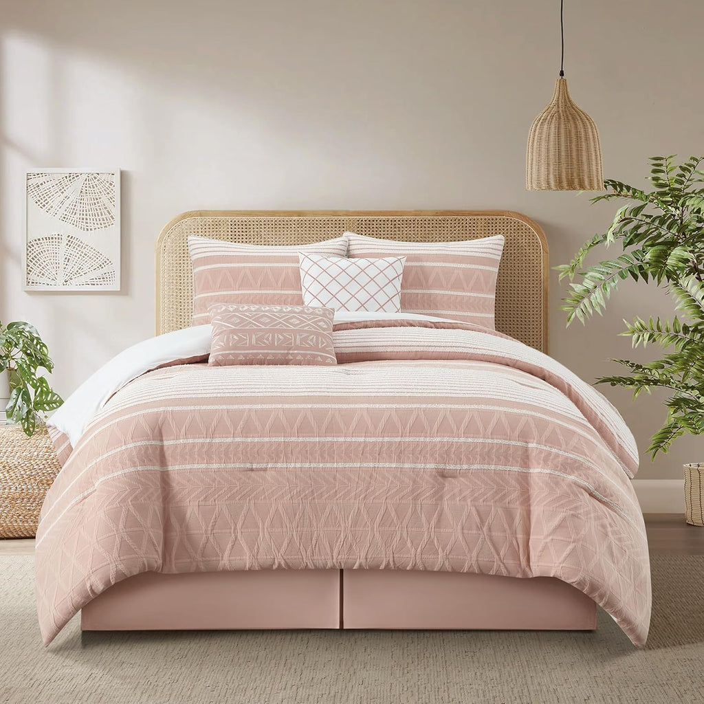 Grand Avenue Cotton Queen Size Comforter Set, 6 Piece, Blush Geometric Jacquard Bedding Set, Bedskirt, Pillows & Shams, Home Decor