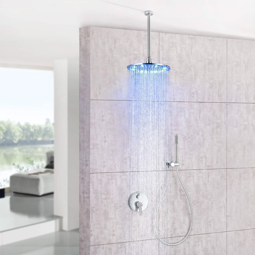 LED Shower Faucet Set Complete Bathtub Combo withy Spray Bathroom 8 Inch Ceiling Round Rain Shower Fixture with Handheld Kit