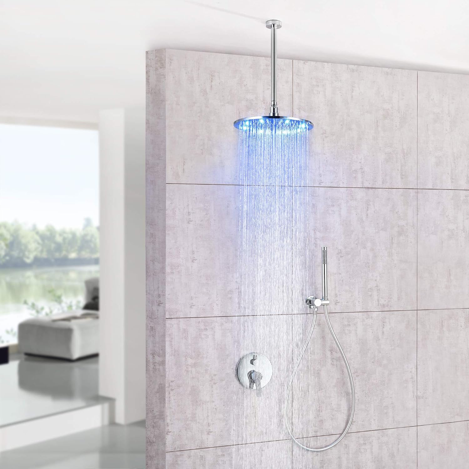 LED Shower Faucet Set Complete Bathtub Combo withy Spray Bathroom 8 Inch Ceiling Round Rain Shower Fixture with Handheld Kit