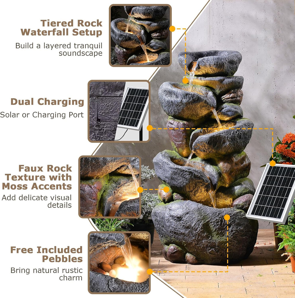 5-Tier Rock Solar Water Fountain Outdoor Garden, 36.2''Tall Cascading Natural Solar Powered Fountain Outdoor with LED Lights, Water Feature for Garden, Patio, Deck, Backyard Decor