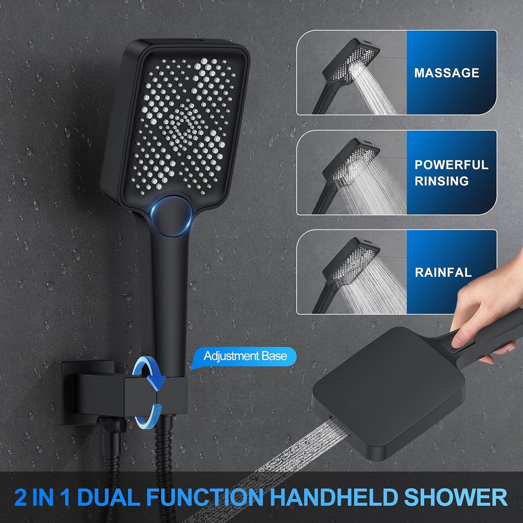 Shower Faucet Set, 12' Ceiling Mount Rainfall Shower System with 12'' Top Head+6'' Side Head and Multi-function Handheld Head Push Button Diverter Shower Faucet Trim Kit (12', Matte Black)