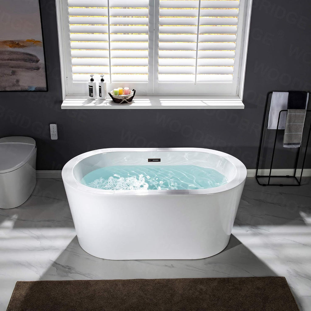 WOODBRIDGE 56' Acrylic Freestanding Bathtub Contemporary Soaking White Tub with Oil Rubbed Bronze Overflow and Drain，B0088 -ORB-Drain &O