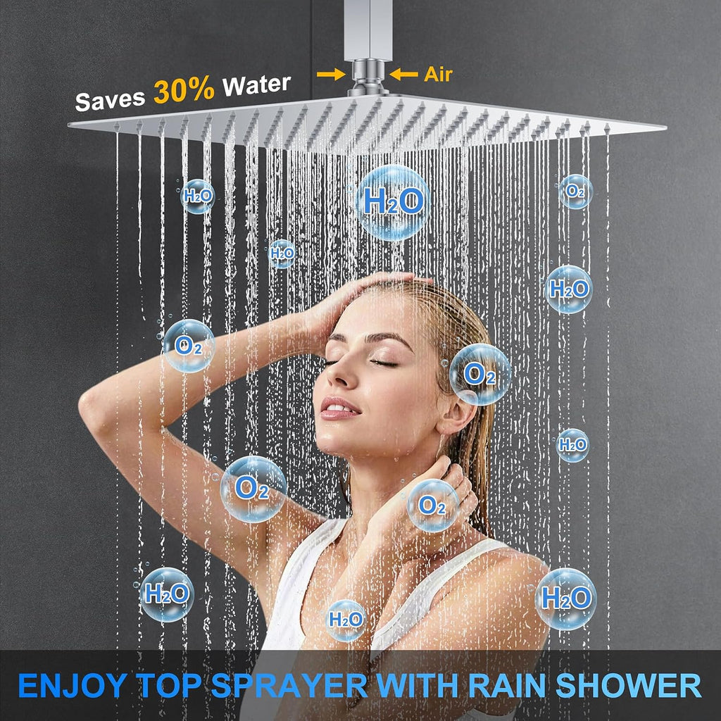 Shower Faucet Set, 12' Ceiling Mount Rainfall Shower System with 2 Rain Shower Head and Multi-function Handheld Head Push Button Diverter Shower Faucet Trim Kit (12', Polished Chrome)