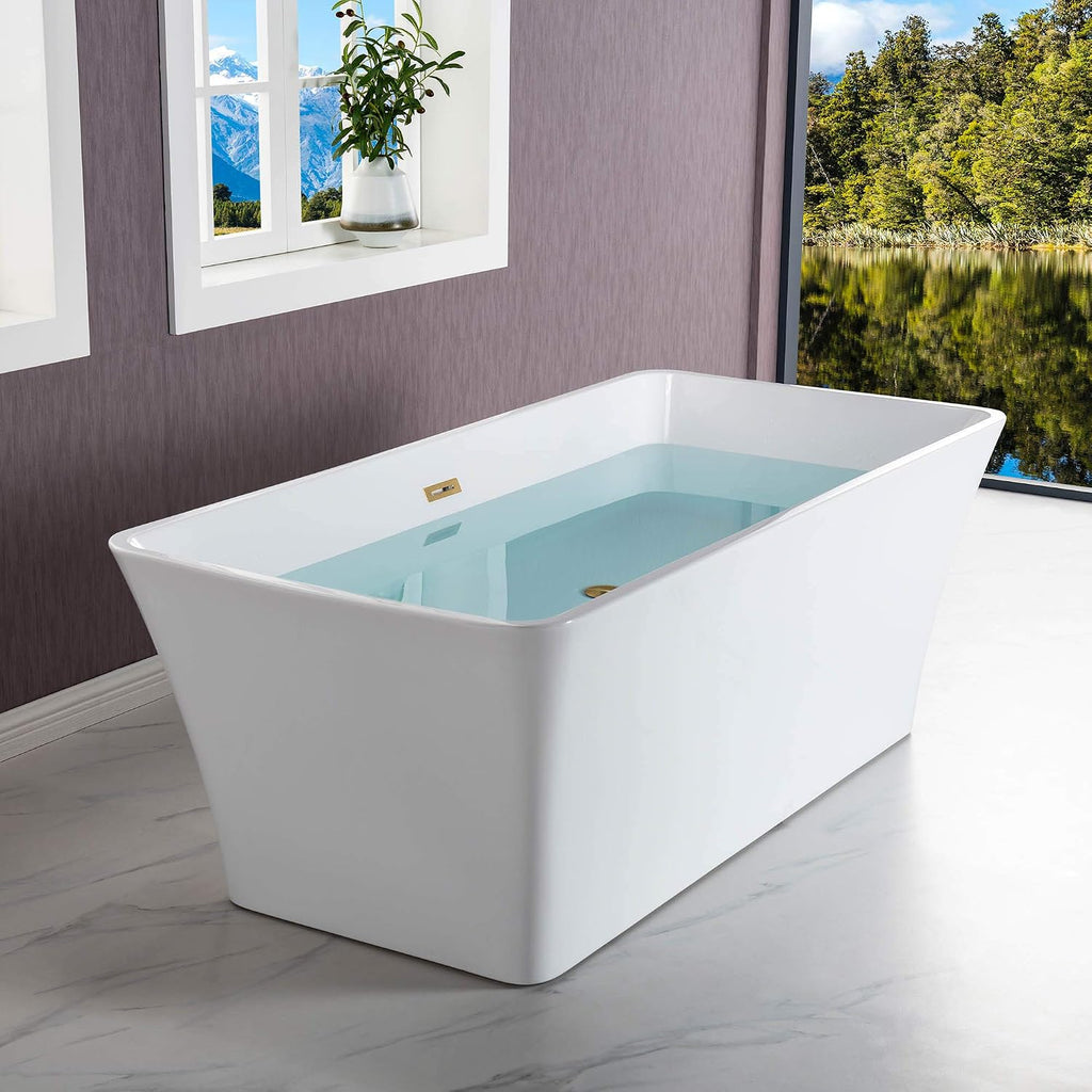 WOODBRIDGE 59' Freestanding White Acylic Soaking Bathtub with Brushed Gold Drain and Overflow,BTS1509-BG-Drain&O
