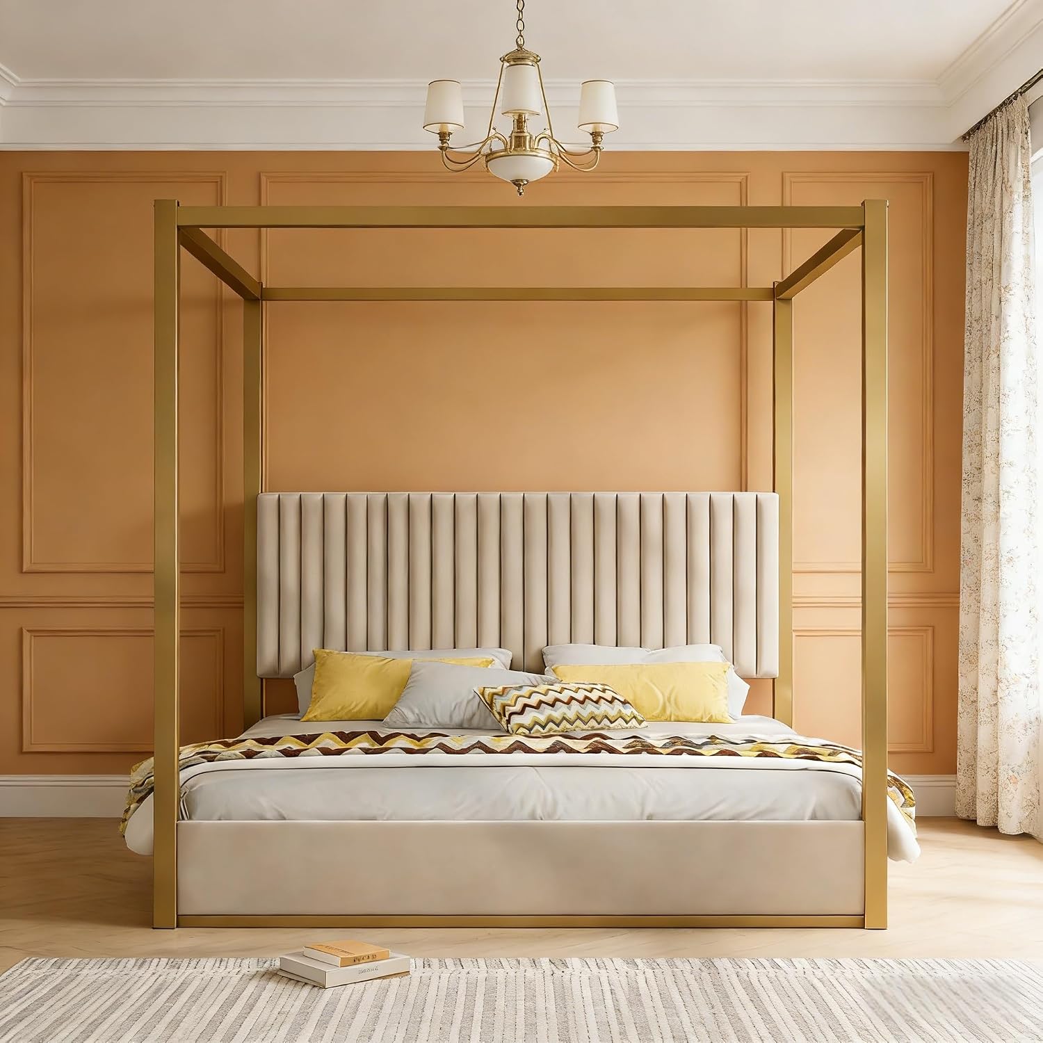 LUMISOL King Size Metal Canopy Bed Frame, 4 Poster Bed with Tall Upholstered Headboard, Velvet Upholstered Canopy Platform Bed, No Box Spring Needed, Beige + Gold