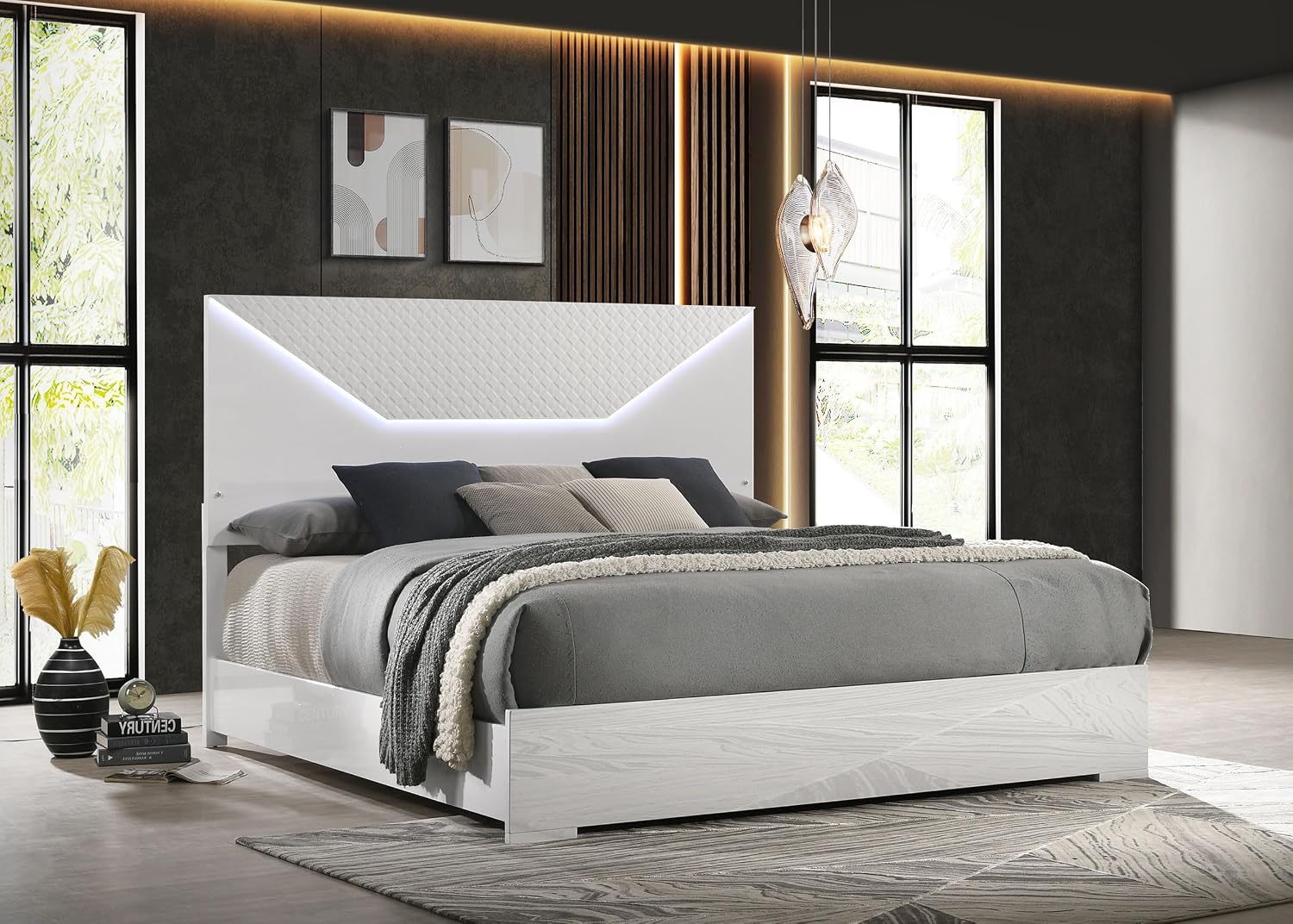 Coaster Home Furnishings Ives Contemporary Wood Queen Size LED Panel Bed Frame 57-inch Headboard White High Gloss 224941Q