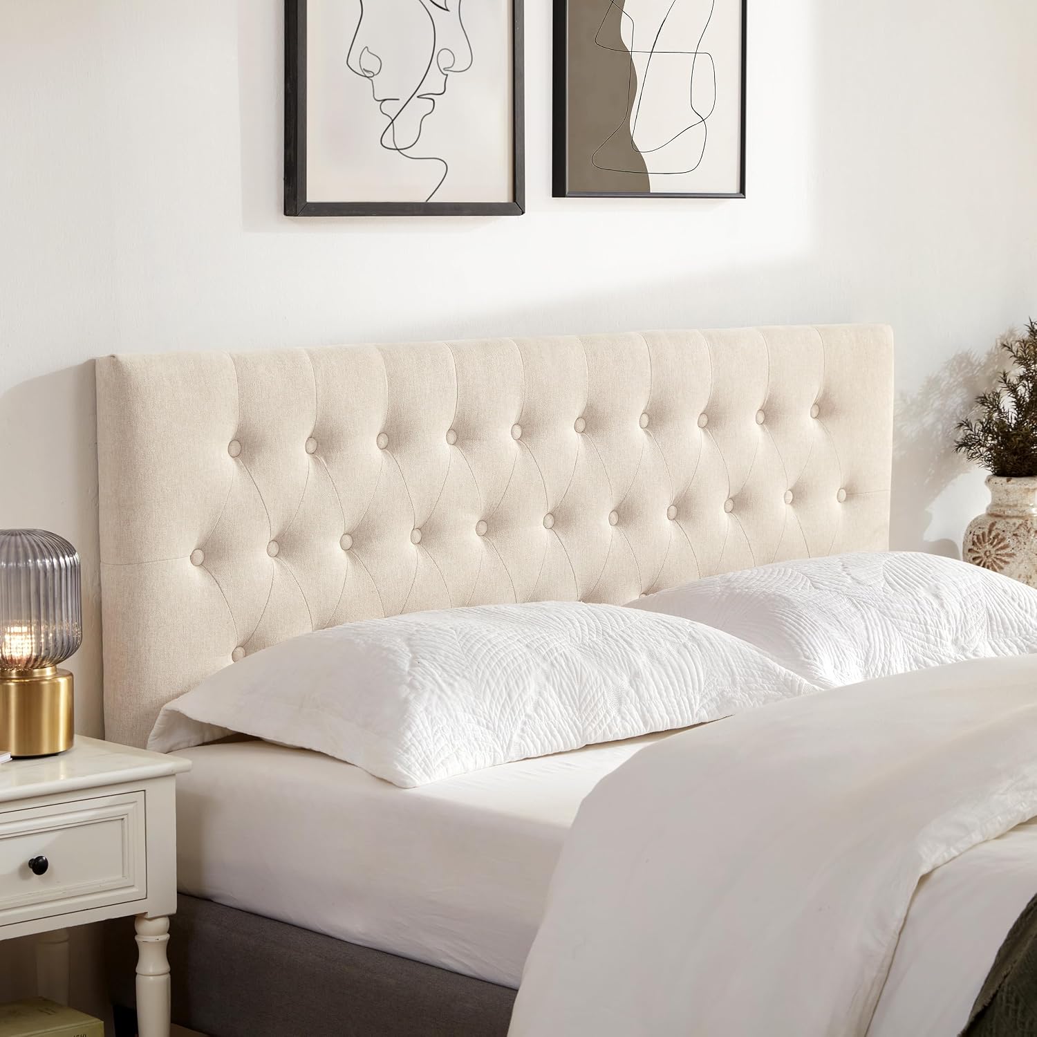 Huatean Home Tufted Upholstered Headboard California King Size, Solid Wood Head Board with Durable Metal Legs, Adjustable Height Bed headboard from 37' to 51' Fabric Headboard in Button Design, Beige