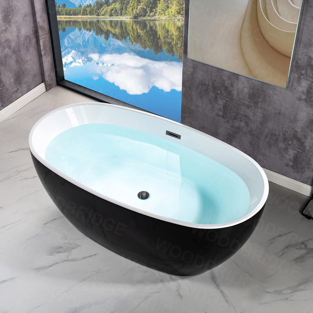 WOODBRIDGE 59' Acrylic Freestanding Bathtub Contemporary Soaking Black Tub with Matte Black Overflow and Drain,Black,B1818 MB