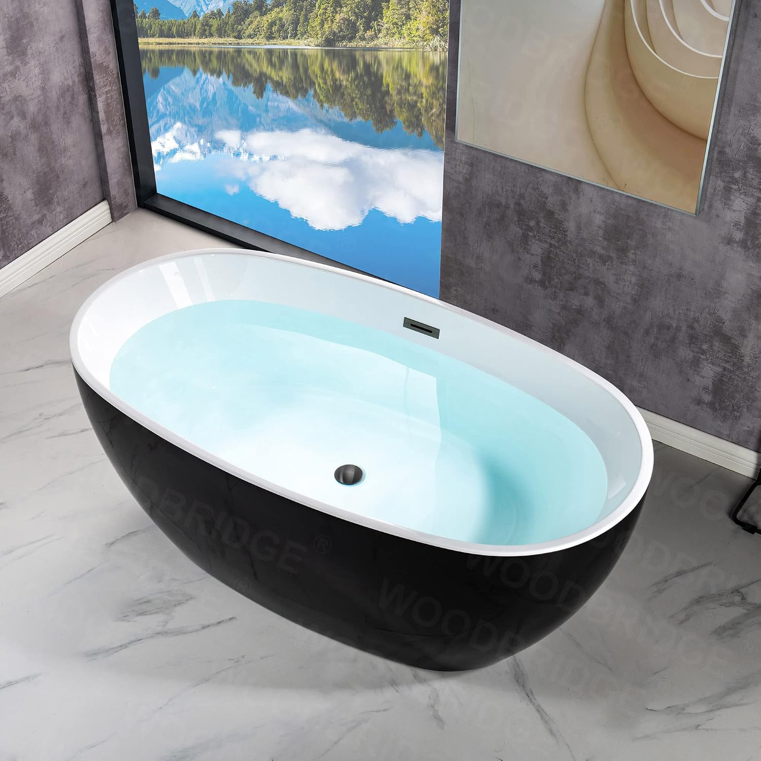 WOODBRIDGE 59' Acrylic Freestanding Bathtub Contemporary Soaking Black Tub with Matte Black Overflow and Drain,Black,B1818 MB