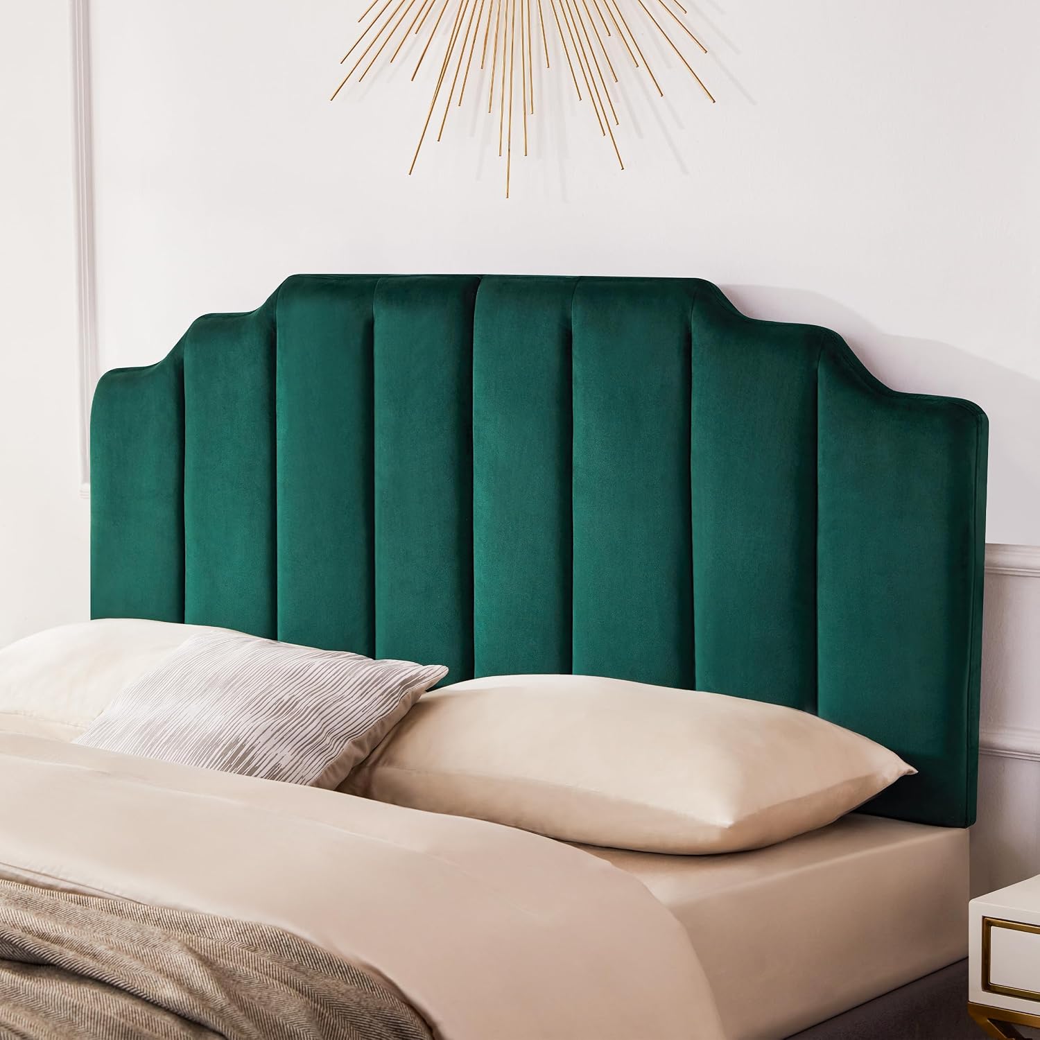 Huatean Home Velvet Upholstered Headboard Queen, Tufted Headboard, Elegantly Curved Queen headboard only,Soft Padded headboards, Modern Vertical Channel Design Head Board, Dark Green