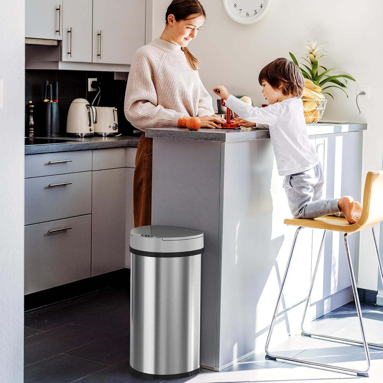 iTouchless 13 Gallon Semi-Round Extra-Wide Opening Sensor Touchless Trash Can with Odor Control System, Automatic Space Saving Stainless Steel Silver Garbage Bin for Home Kitchen and Office