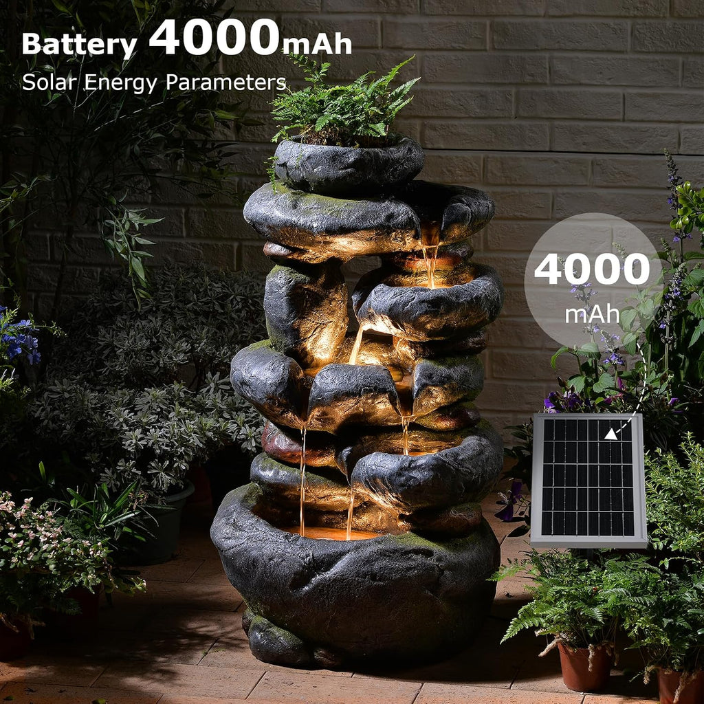 5-Tier Solar Water Fountain Outdoor Garden Cascading Rock Feature, 29.5''Tall Solar Powered Outside Fountains and Waterfalls with Lights for Garden, Patio, Yard, Deck Home Décor