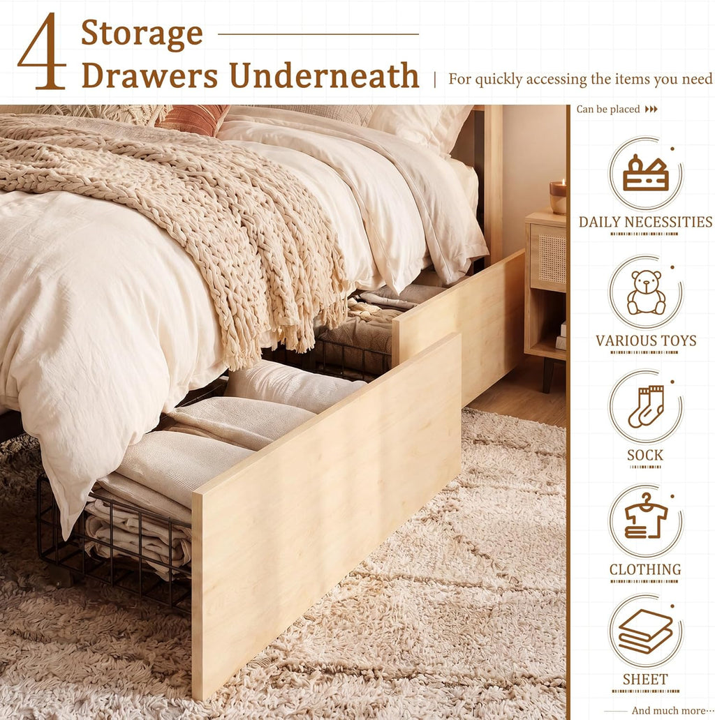 Brafab Natural Rattan Full Size Bed Frame with Wooden Headboard and 4 Storage Drawers, Boho Light Oak Bedframe Cane Wood Metal Platform Beds with Strong Wooden Slat, Noise Free, No Box Spring Needed