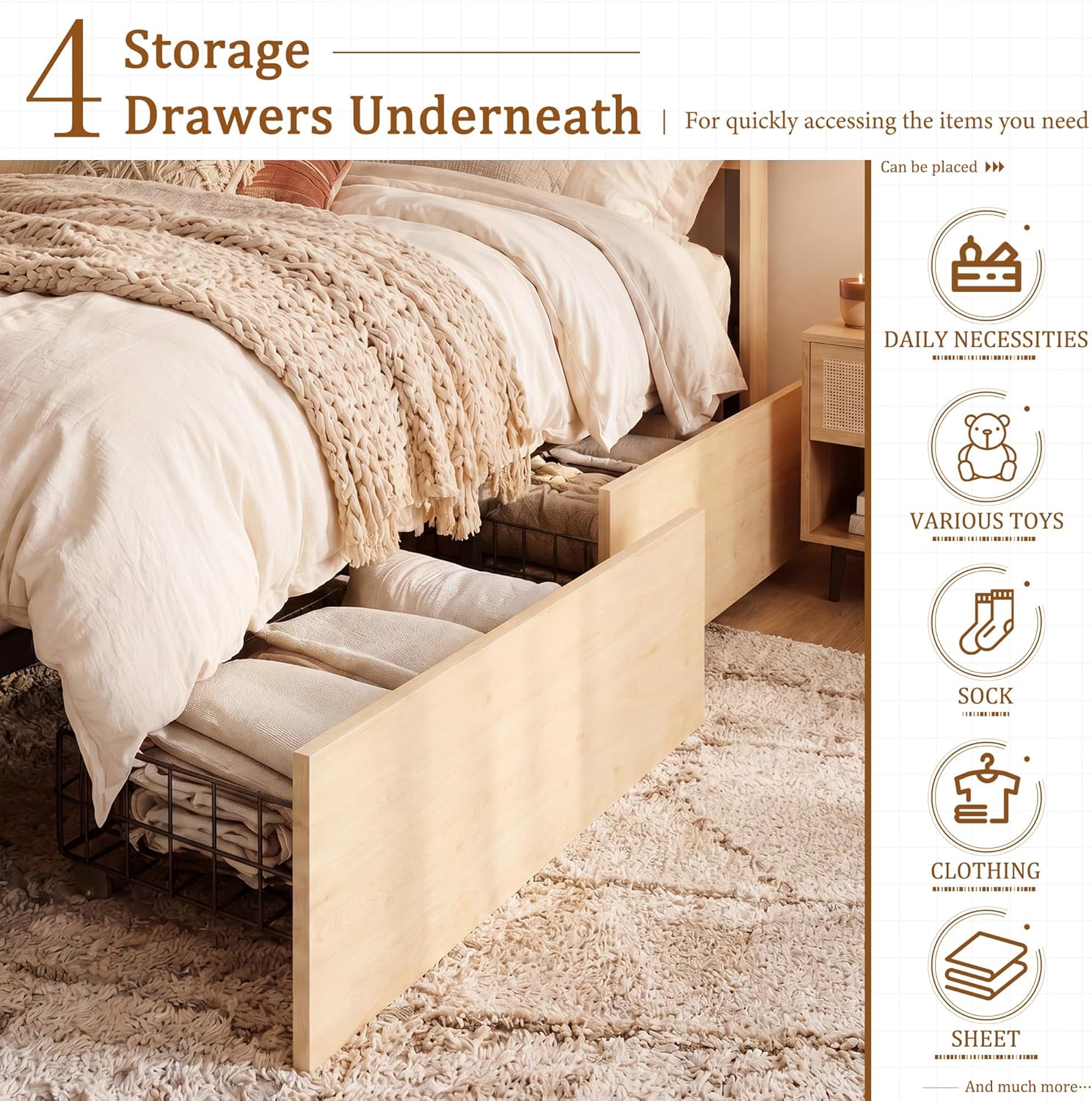 Brafab Natural Rattan Full Size Bed Frame with Wooden Headboard and 4 Storage Drawers, Boho Light Oak Bedframe Cane Wood Metal Platform Beds with Strong Wooden Slat, Noise Free, No Box Spring Needed