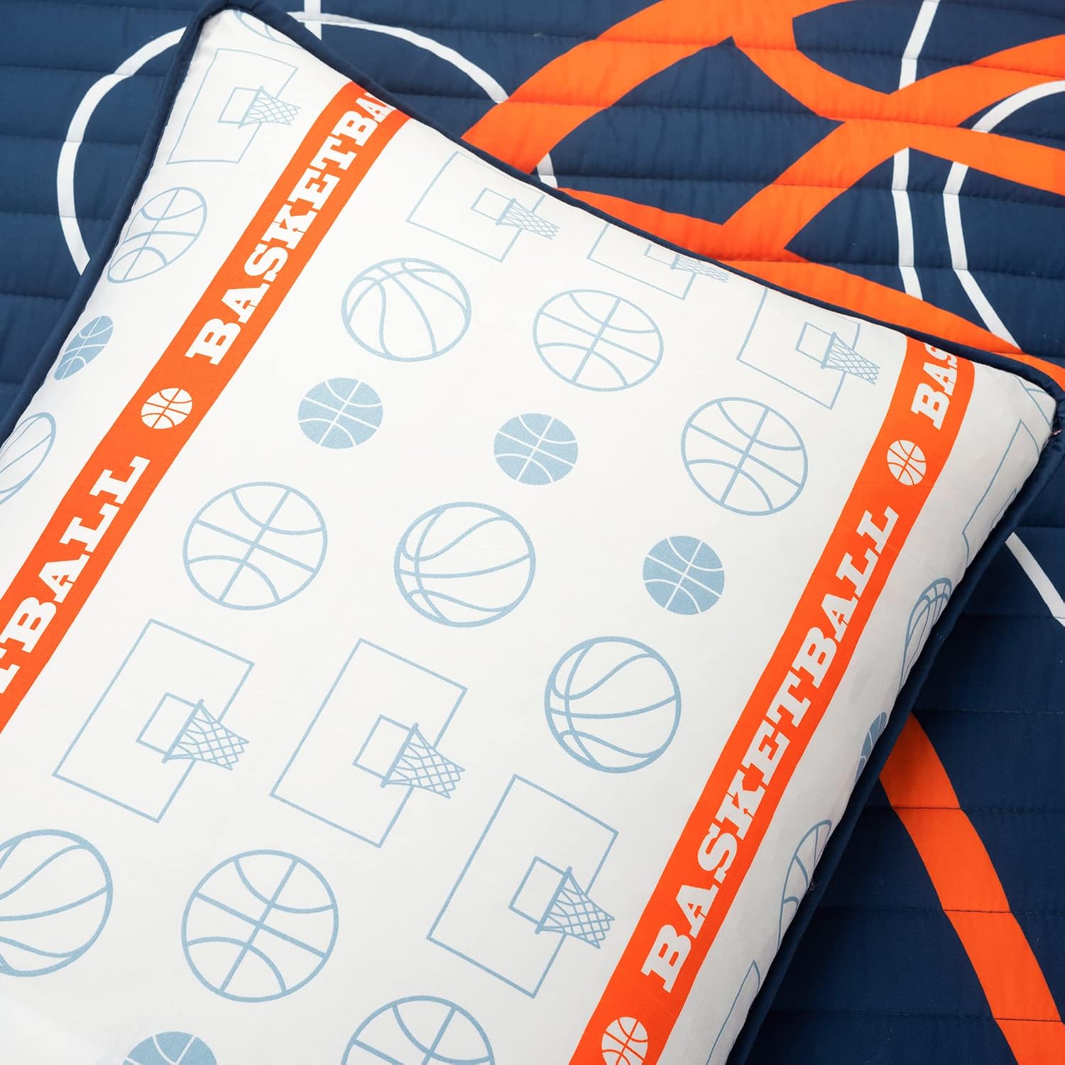 Lush Decor Basketball Game Reversible Quilt Queen Size 5 Piece Set, Full/Queen Navy - Kids Bedding Set - Queen Size Quilt - Sports Décor