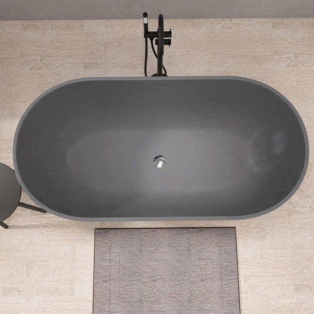 59'' Dark Grey Freestanding Tubs Bathtub Solid Surface Resin Stone Bathtubs soaker Tubs Oval Shaped Matte Luxury Modern Soaking Tub with Overflow and Pop-up Drain