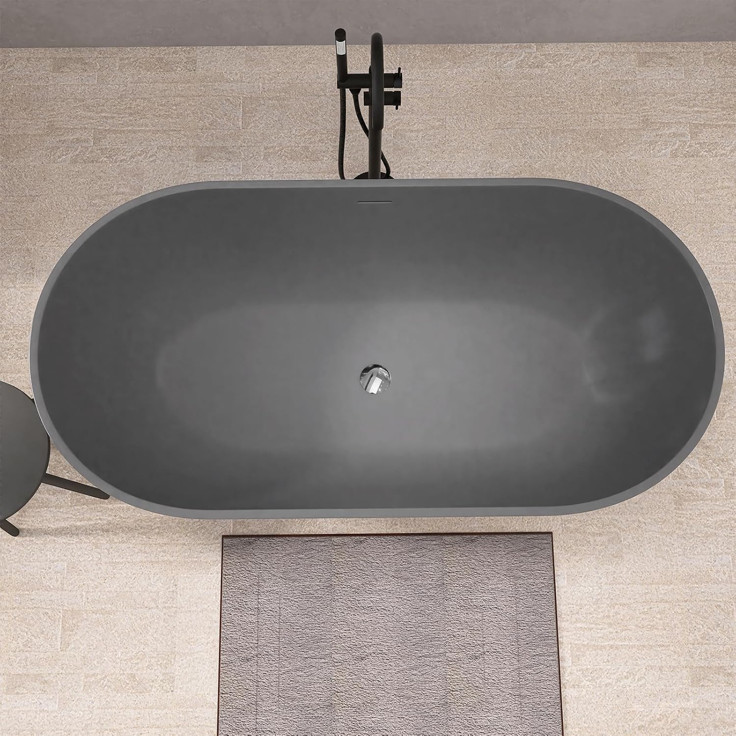 59'' Dark Grey Freestanding Tubs Bathtub Solid Surface Resin Stone Bathtubs soaker Tubs Oval Shaped Matte Luxury Modern Soaking Tub with Overflow and Pop-up Drain