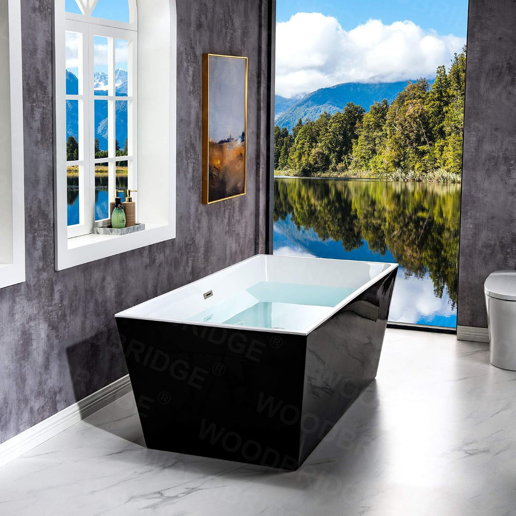 WOODBRIDGE 67' Acrylic Freestanding Bathtub Contemporary Soaking Tub, Black Acrylic (Brushed Nickel Drain/Overflow),B1812 Black -B/N-Drain &O