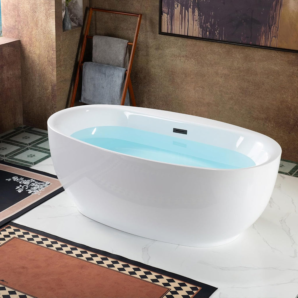 WOODBRIDGE 66' Acrylic Freestanding Bathtub Contemporary Soaking White Tub with Matte Black Overflow and Drain，B0027-MB