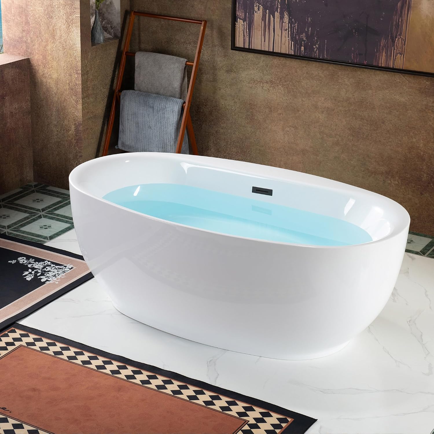 WOODBRIDGE 66' Acrylic Freestanding Bathtub Contemporary Soaking White Tub with Matte Black Overflow and Drain，B0027-MB
