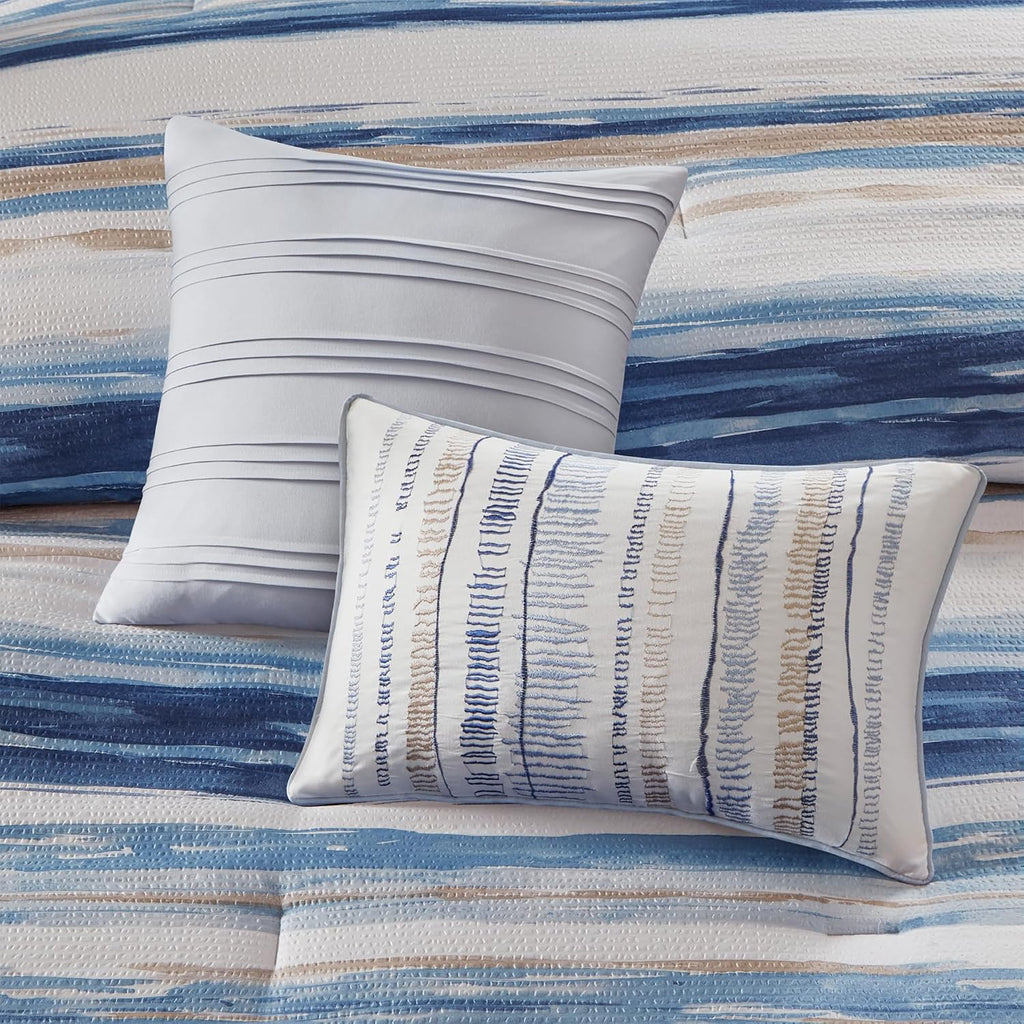 Madison Park Marina Comforter Quilt Combo Set - Modern Luxury Design, All Season Down Alternative Bedding, Matching Shams, Decorative Pillows, King/Cal King(104'x92') Seersucker Blue 8 Piece