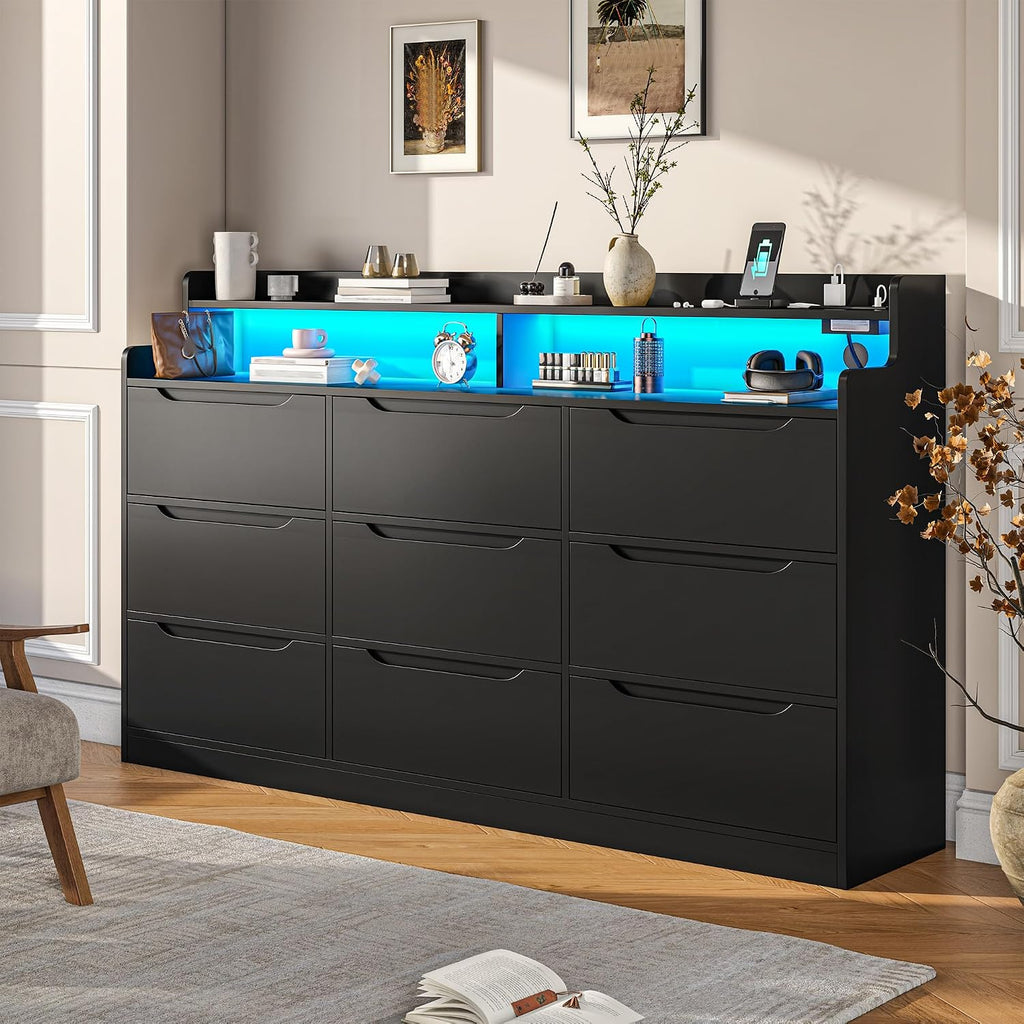 DurayLoly Black Dresser for Bedroom with LED Light & Charging Station Modern 9 Drawer Dresser for Bedroom Wood Chest of Drawers for Living Room Hallway, Anti-Tip Safety, 15.6' D x 55' W x 35.5' H