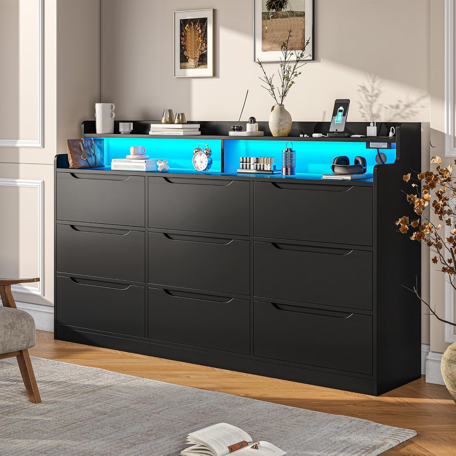 DurayLoly Black Dresser for Bedroom with LED Light & Charging Station Modern 9 Drawer Dresser for Bedroom Wood Chest of Drawers for Living Room Hallway, Anti-Tip Safety, 15.6' D x 55' W x 35.5' H