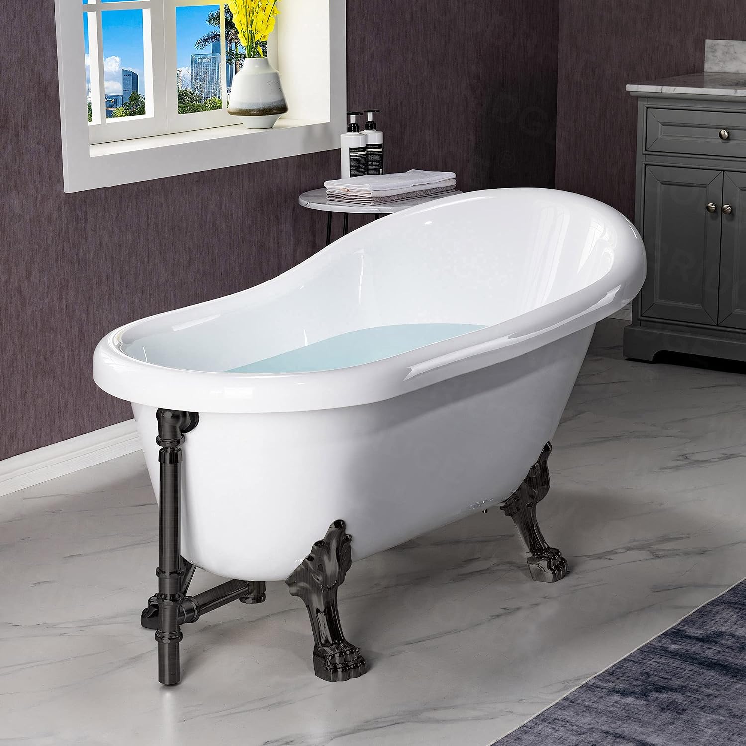 WOODBRIDGE 54' Heavy Duty Acrylic Slipper Clawfoot Bath Tub with ORB Feet + ORB Drain &Overflow