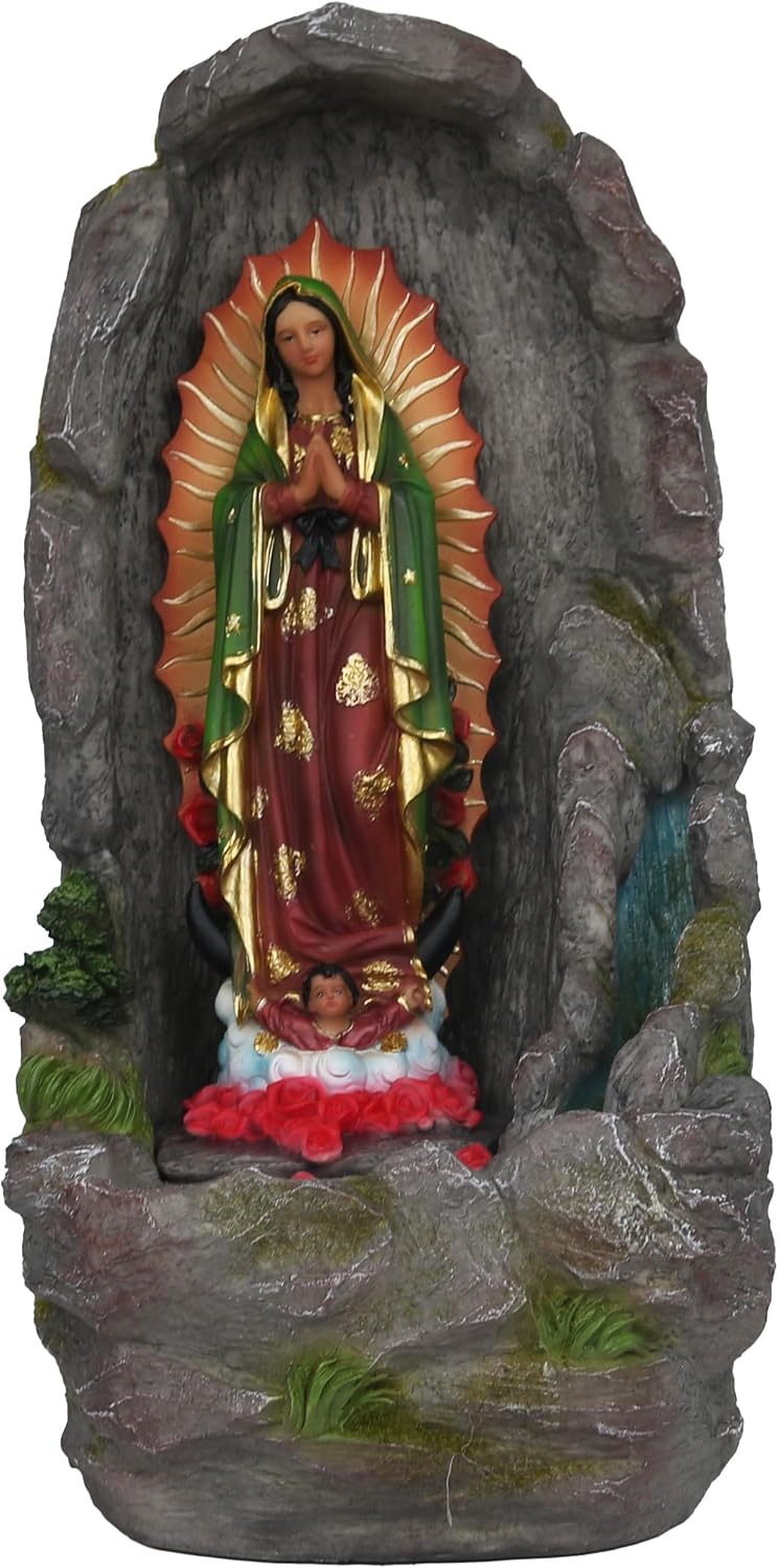 Our Lady of Guadalupe Religious Stone-Look Finish Tabletop Water Pump Fountain 17' with Led, Indoor, Virgen De Guadalupe Fuente con Bomba de Agua