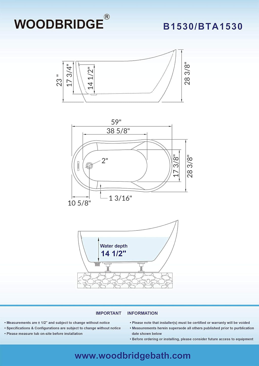 WOODBRIDGE 59' Acrylic Freestanding Bathtub Contemporary Soaking White Tub with Brushed Nickel Overflow and Drain，B-1530 -B/N-Drain &O