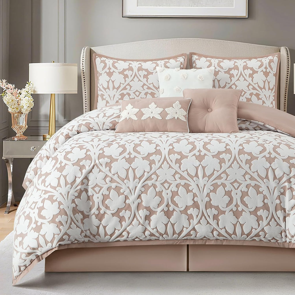 LANCO MODERN LIFESTYLE 7 Pieces Comforter Set, Queen, Blush, Jacquard Floral Pattern and Classy Damask Medallion Design, Ultra Soft, Includes Bed Skirt, Shams, and Decorative Pillows