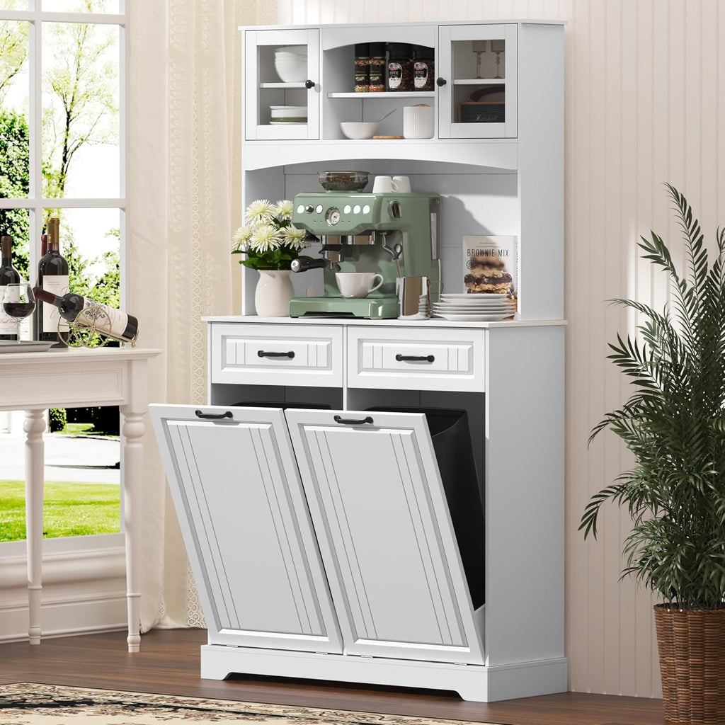 Double 13 Gallon Tilt Out Trash Can Cabinet with Deodorizing Function and Power Outlet, 71' Tall Wooden Garbage Can Holder Cabinet with 2 Storage Hutch & 2 Drawers for Kitchen and Dining Room, White