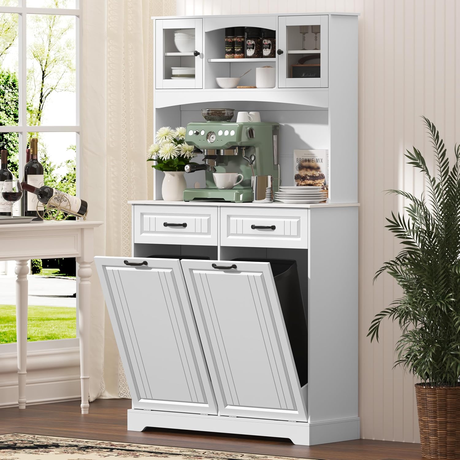 Double 13 Gallon Tilt Out Trash Can Cabinet with Deodorizing Function and Power Outlet, 71' Tall Wooden Garbage Can Holder Cabinet with 2 Storage Hutch & 2 Drawers for Kitchen and Dining Room, White