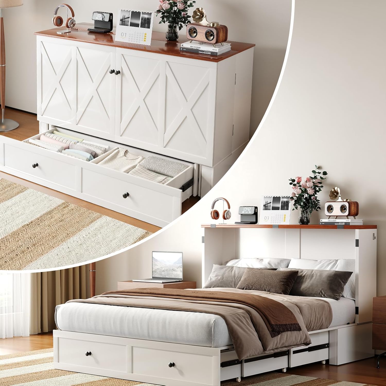 ijuicy Full Murphy Bed with Storage & Multifunctional Charging Station, Farmhouse Murphy Cabinet Bed with Foldable Panel, Space-Saving Beds for Guest Bedroom, Living Room-White & Brown, No Mattress