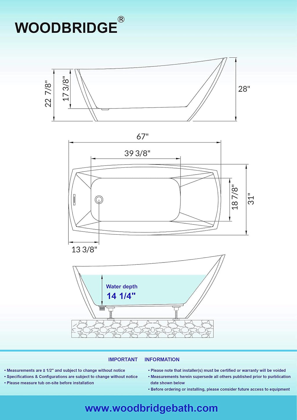 WOODBRIDGE 67'Freestanding White Acylic Soaking Bathtub with Matte Black Drain and Overflow