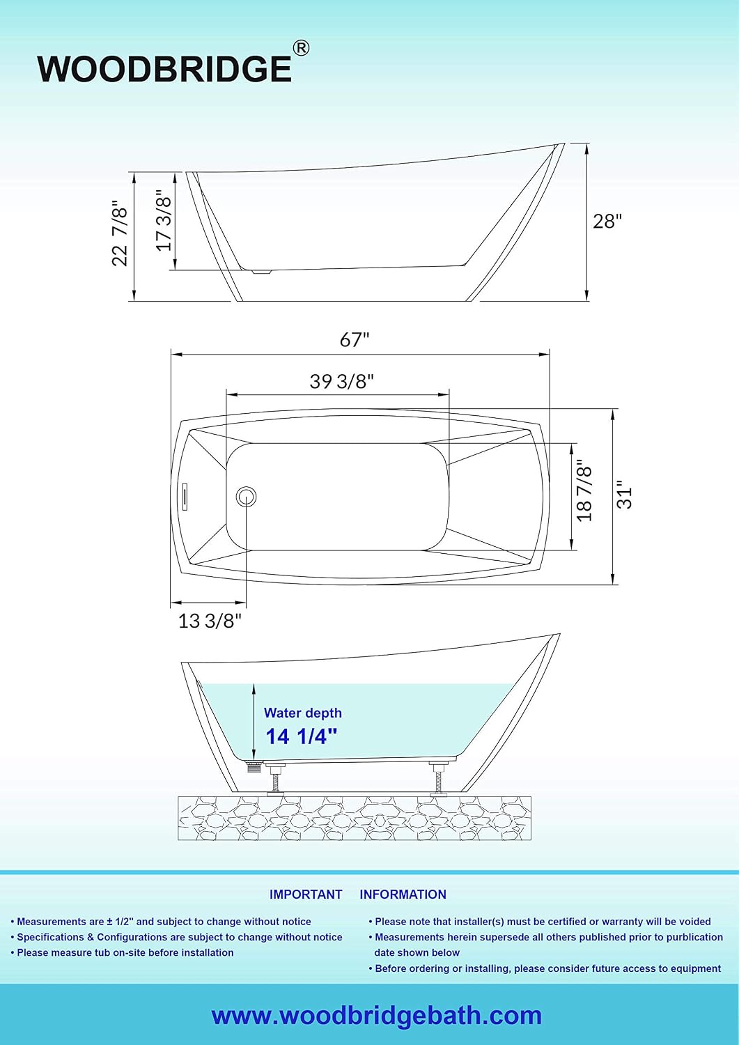 WOODBRIDGE 67' Acrylic Freestanding Bathtub Contemporary Soaking Tub with Brushed Gold Overflow and Drain,White